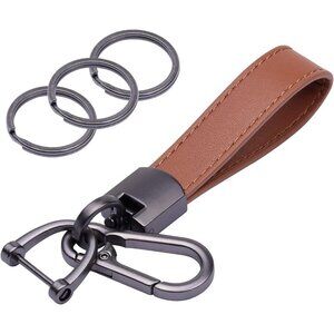 🆕 Men Brown Genuine Leather Car Keychain Universal Fob Holder Anti-Lost D-Ring